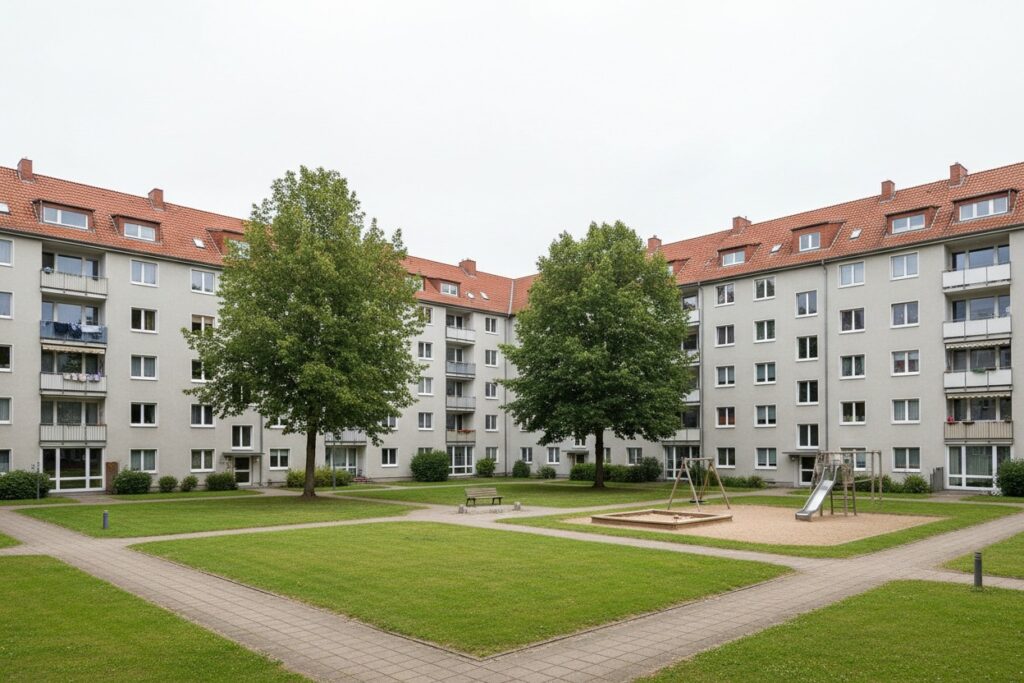 Ein begrünter Innenhof mit gepflegten Rasenflächen und zwei großen Bäumen ist von mehrstöckigen Wohnhäusern mit roten Ziegeldächern umgeben.
